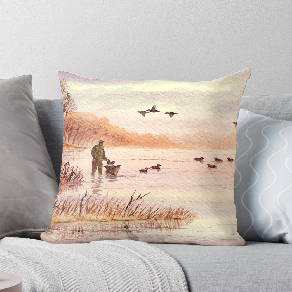 A vibrant Pillow featuring a dramatic "Sudden Flyover" duck hunting scene, perfect for duck enthusiasts.