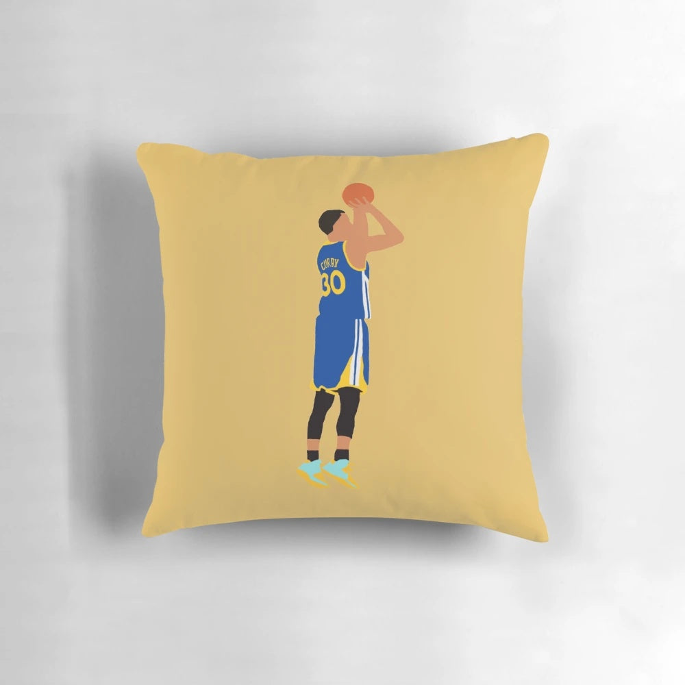 A plush, high-quality pillow featuring an image of NBA superstar Stephen Curry's iconic jumpshot.