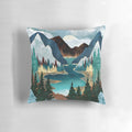 Vibrant river and mountain landscape printed on a soft, plush pillow