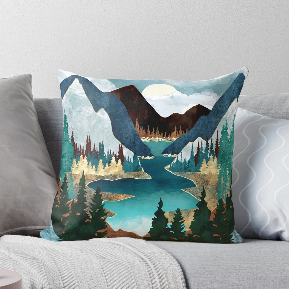 Vibrant river and mountain landscape printed on a soft, plush pillow