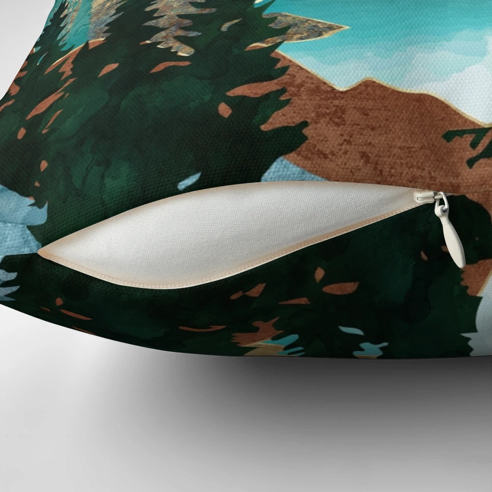 Vibrant river and mountain landscape printed on a soft, plush pillow