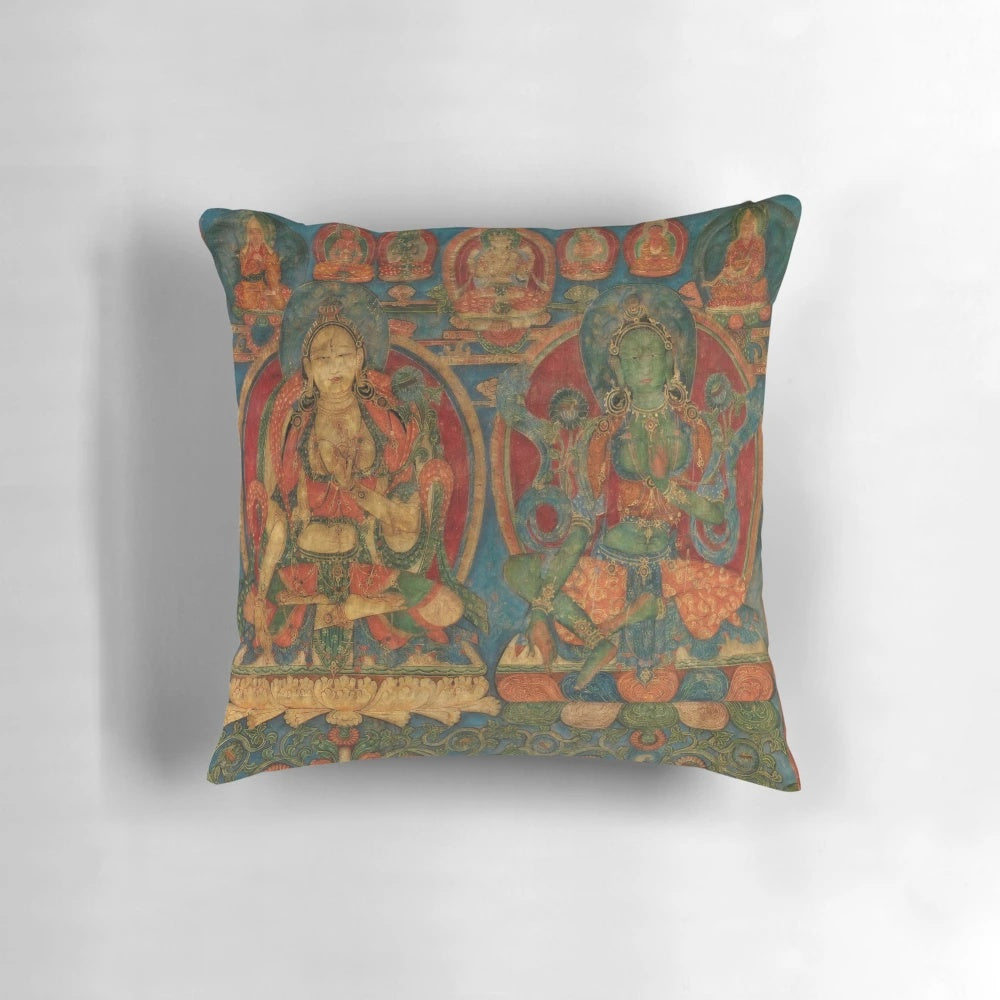 White and green tara statues printed on a plush, comfortable meditation pillow