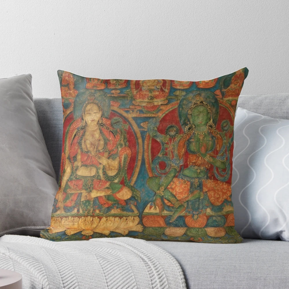 White and green tara statues printed on a plush, comfortable meditation pillow