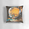 A surreal, retro-futuristic collage image of a space-themed pillow with planets, stars, and a swimming pool.
