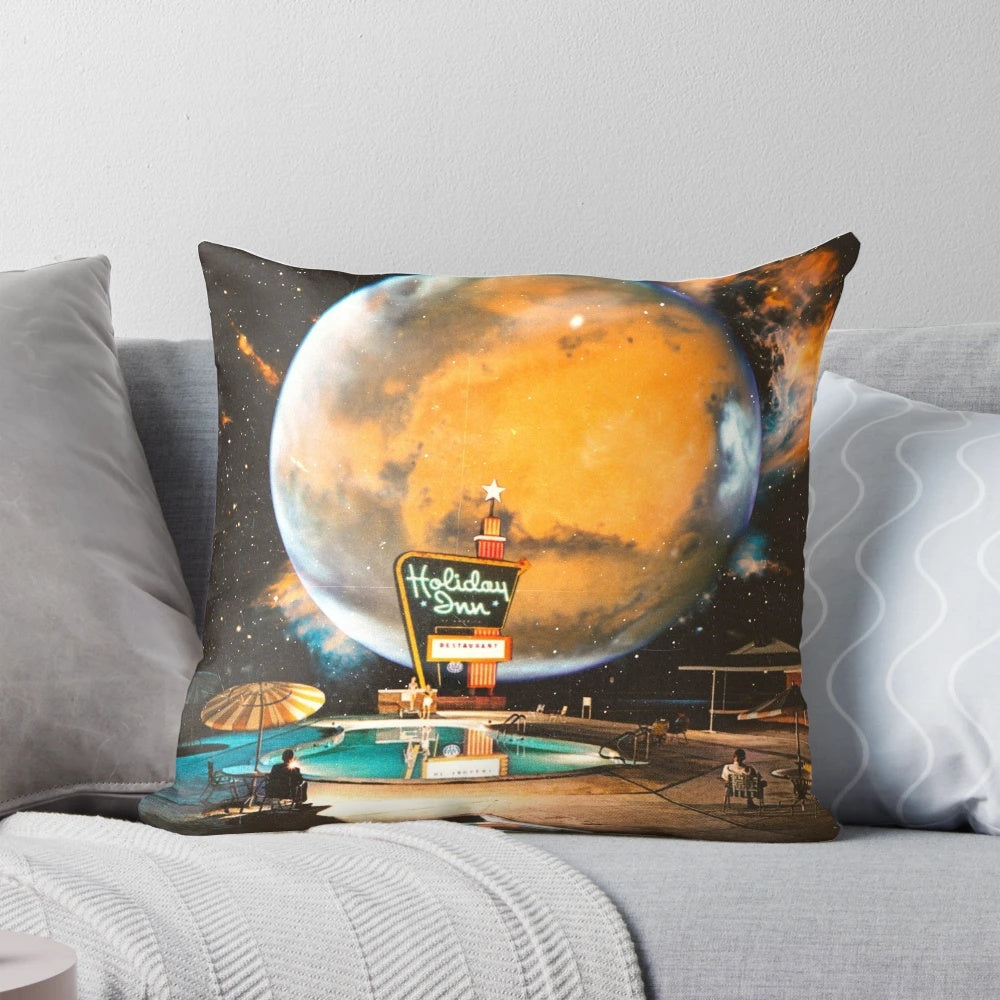 A surreal, retro-futuristic collage image of a space-themed pillow with planets, stars, and a swimming pool.