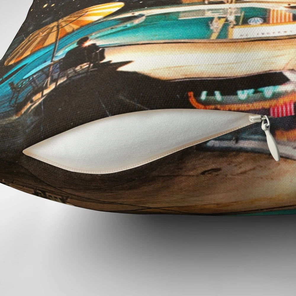 A surreal, retro-futuristic collage image of a space-themed pillow with planets, stars, and a swimming pool.