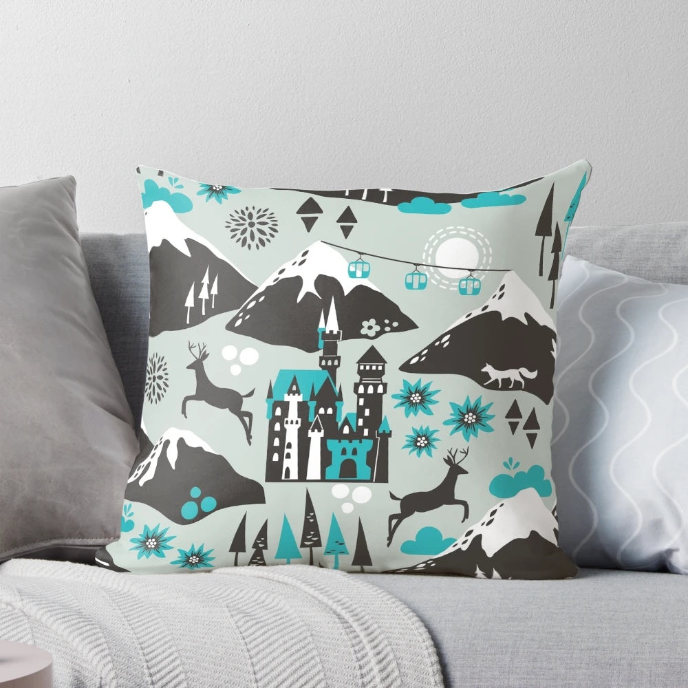 The Alps Pillow featuring a serene mountain landscape with snowy peaks, forests, and wildlife