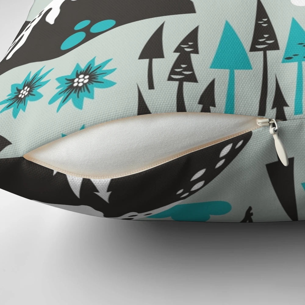 The Alps Pillow featuring a serene mountain landscape with snowy peaks, forests, and wildlife