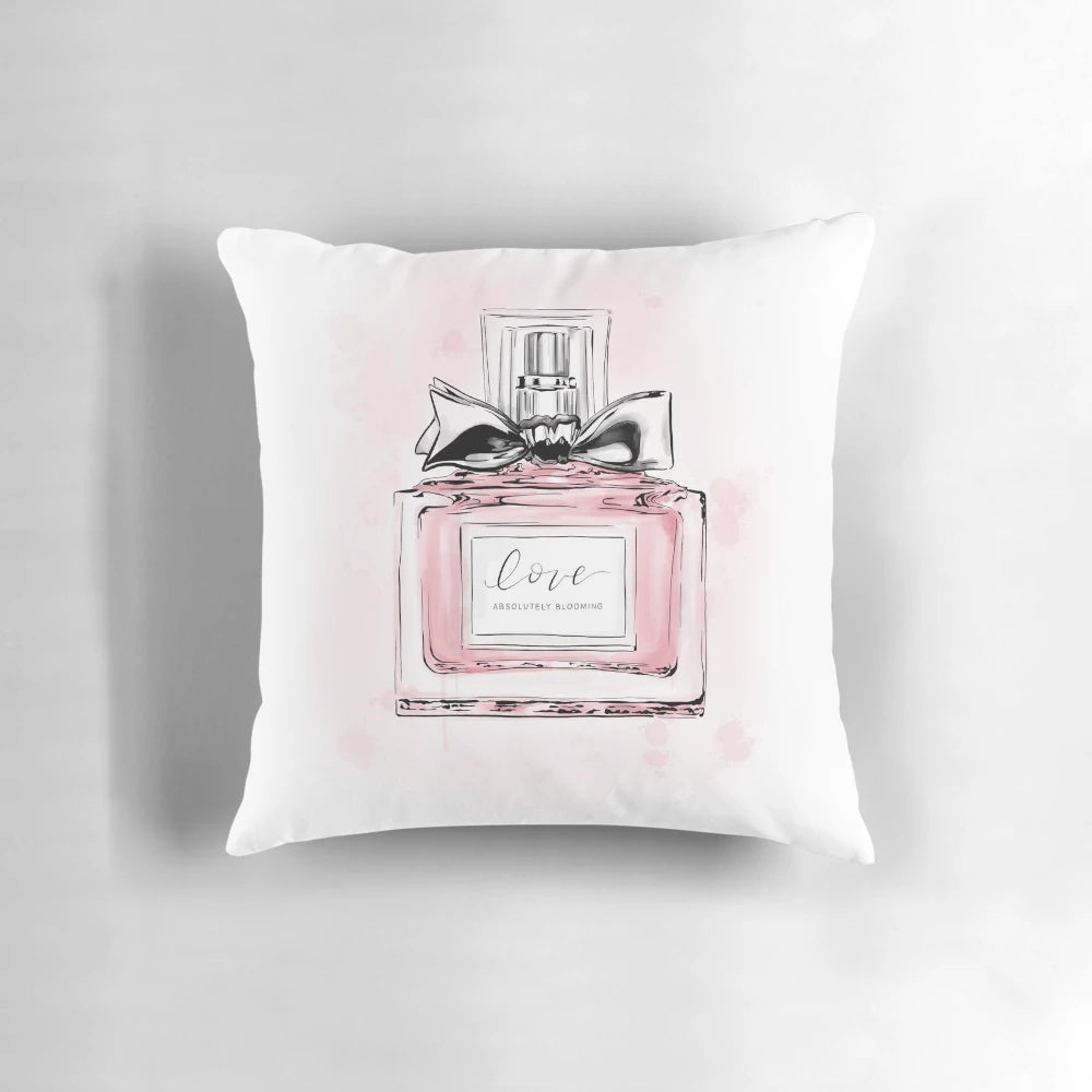 Luxurious pink pillow with a glass case, showcasing a captivating fragrance.