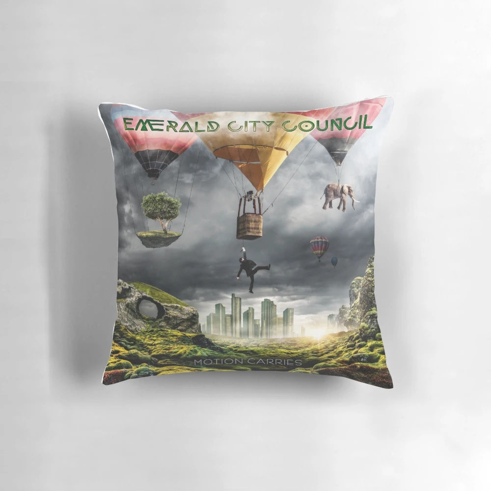 Motion Carries album cover art printed on a decorative throw pillow
