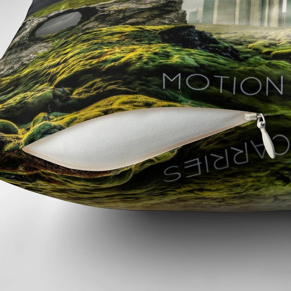 Motion Carries album cover art printed on a decorative throw pillow