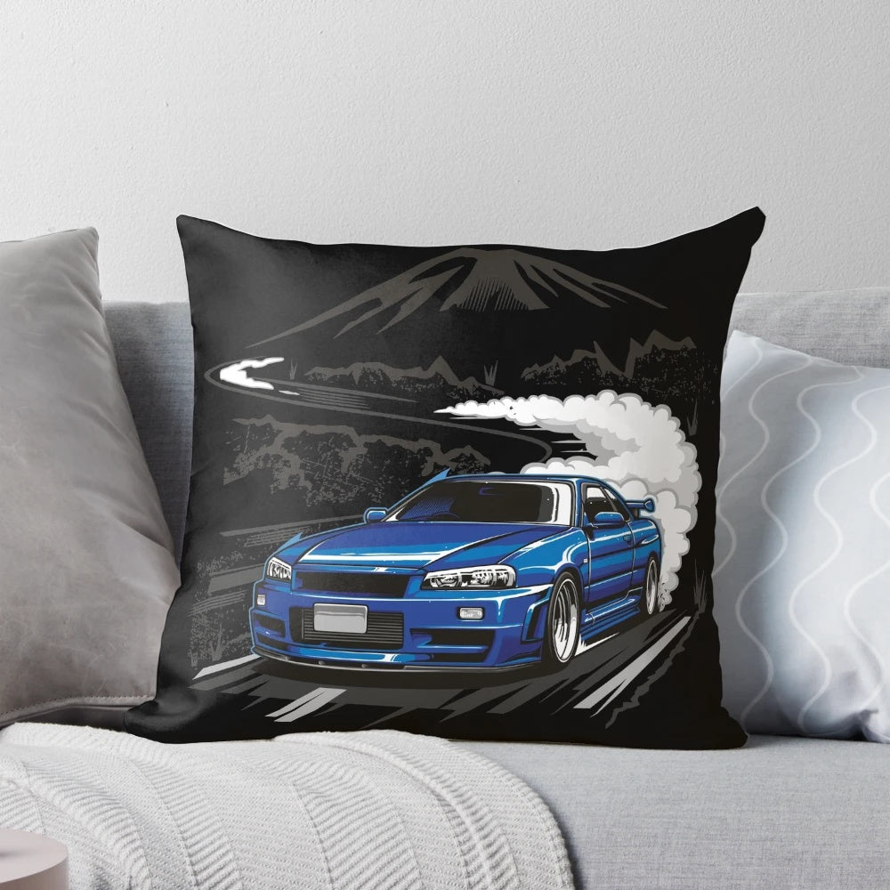 Nissan Skyline R34 blue pillow, featuring the renowned sports car design