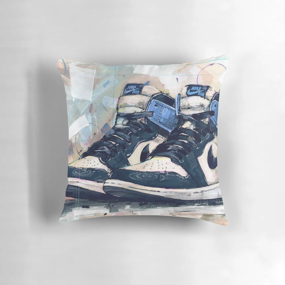 Nike Air Jordan 1 Retro Obsidian Blue Art Pillow, featuring the iconic Jumpman logo and basketball design