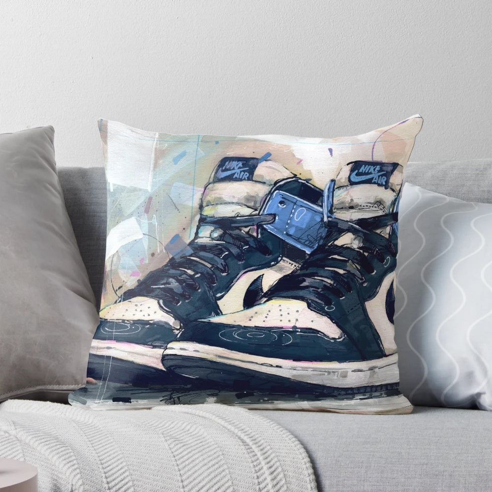 Nike Air Jordan 1 Retro Obsidian Blue Art Pillow, featuring the iconic Jumpman logo and basketball design