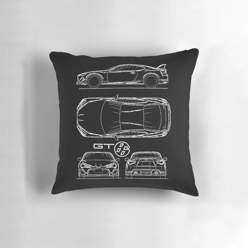 Detailed blueprint design of the Toyota GT86 sports car printed on a high-quality pillow