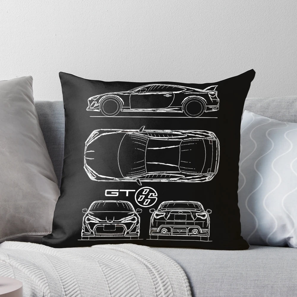 Detailed blueprint design of the Toyota GT86 sports car printed on a high-quality pillow