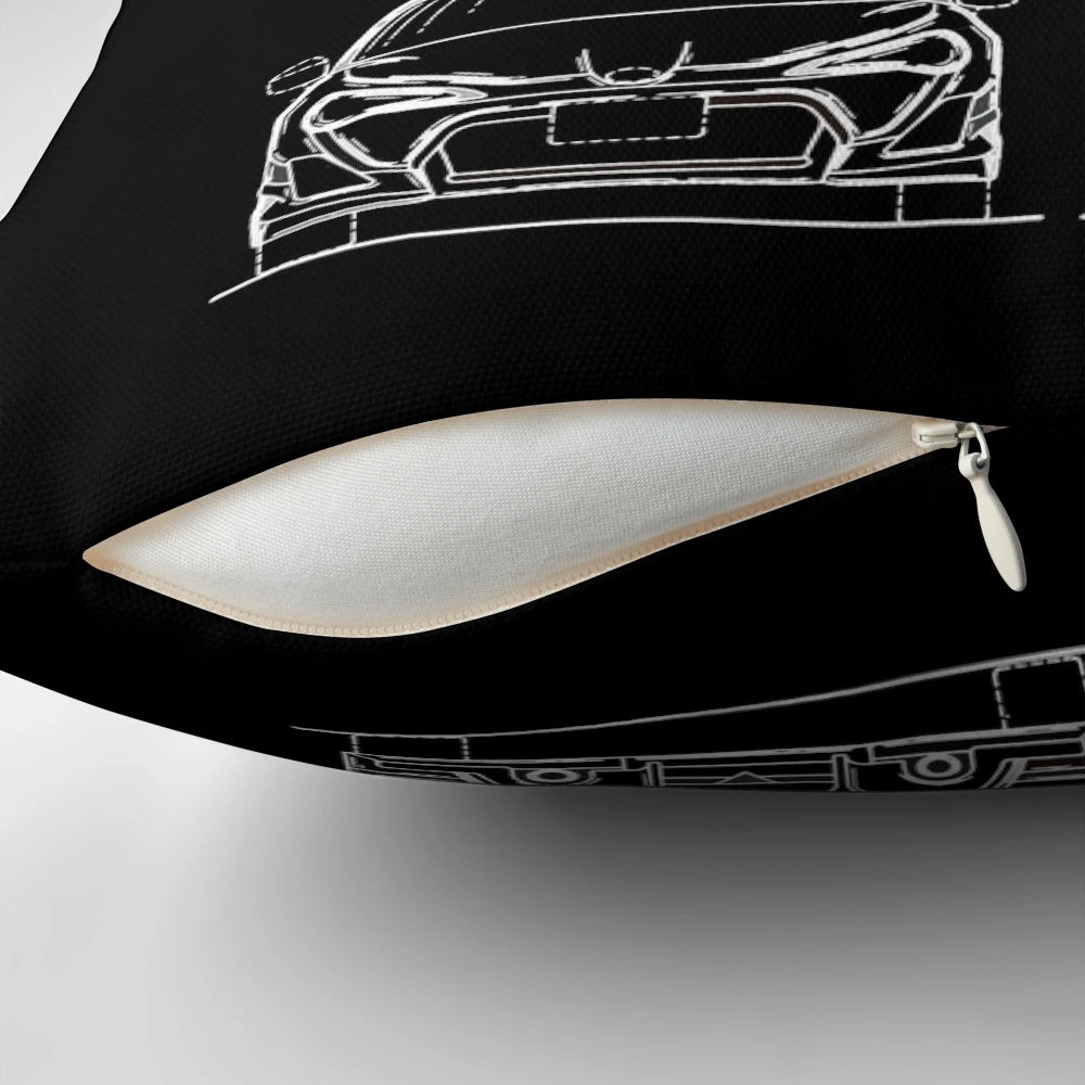 Detailed blueprint design of the Toyota GT86 sports car printed on a high-quality pillow