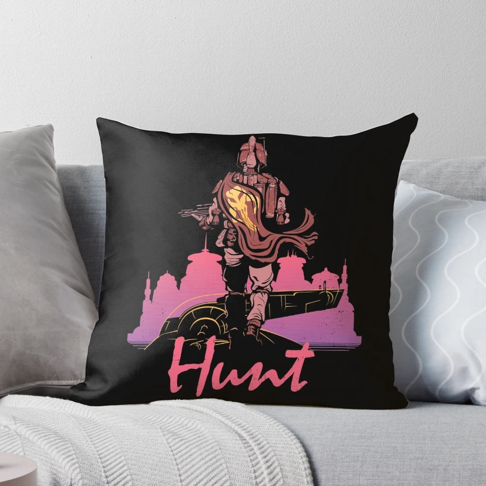 A plush and stylish Hunt Pillow featuring a mashup of Star Wars characters and themes, perfect for any sci-fi enthusiast's home.