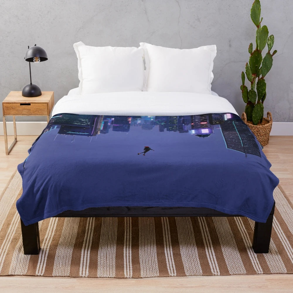 Plush blanket with a stylized spider-man/spider-verse design