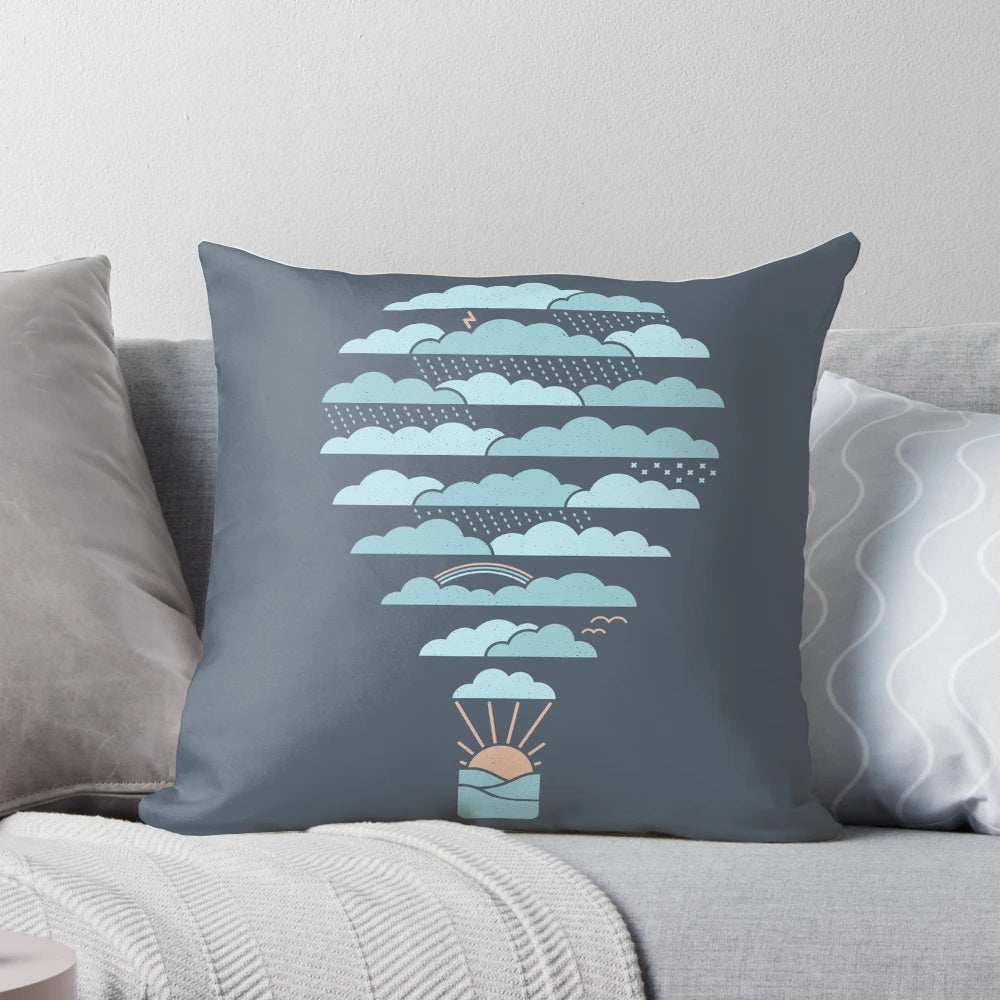 Minimalist weather balloon graphic printed on soft, cloud-like pillow