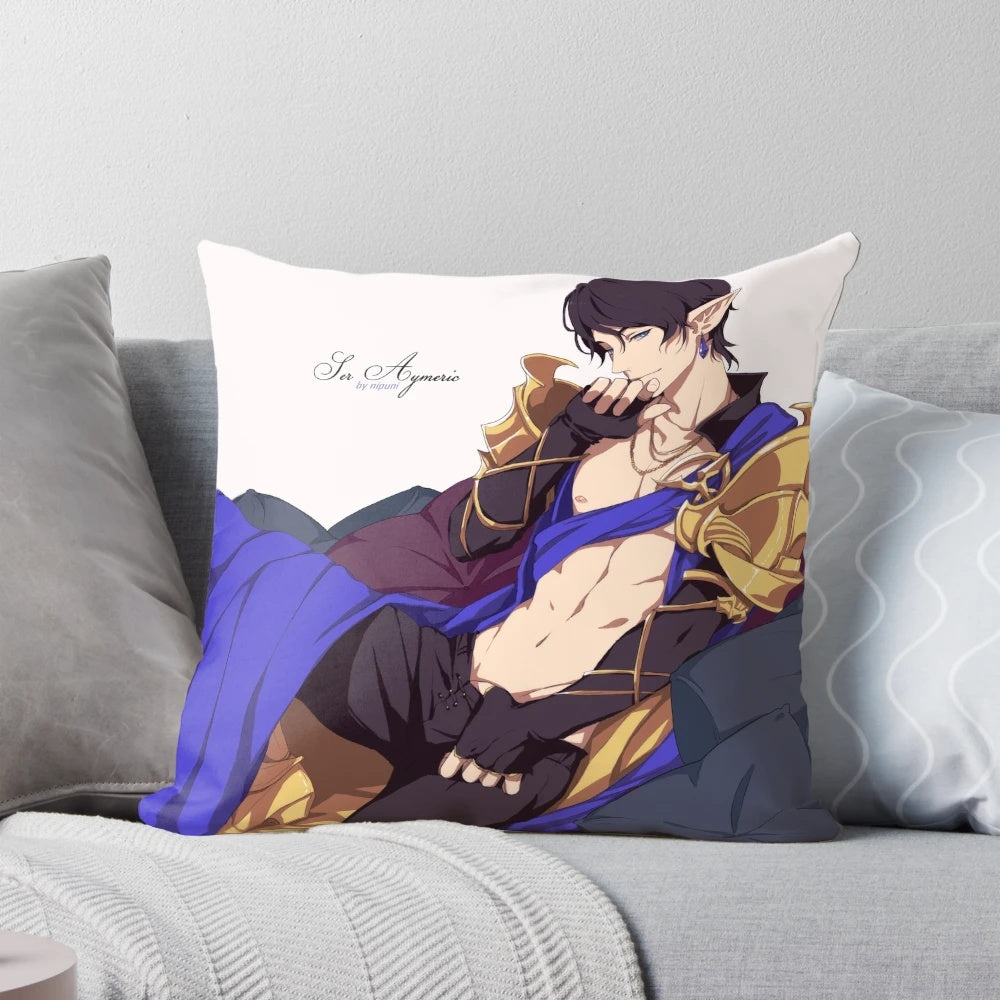Elezen knight fantasy-inspired pillow with Aymeric design