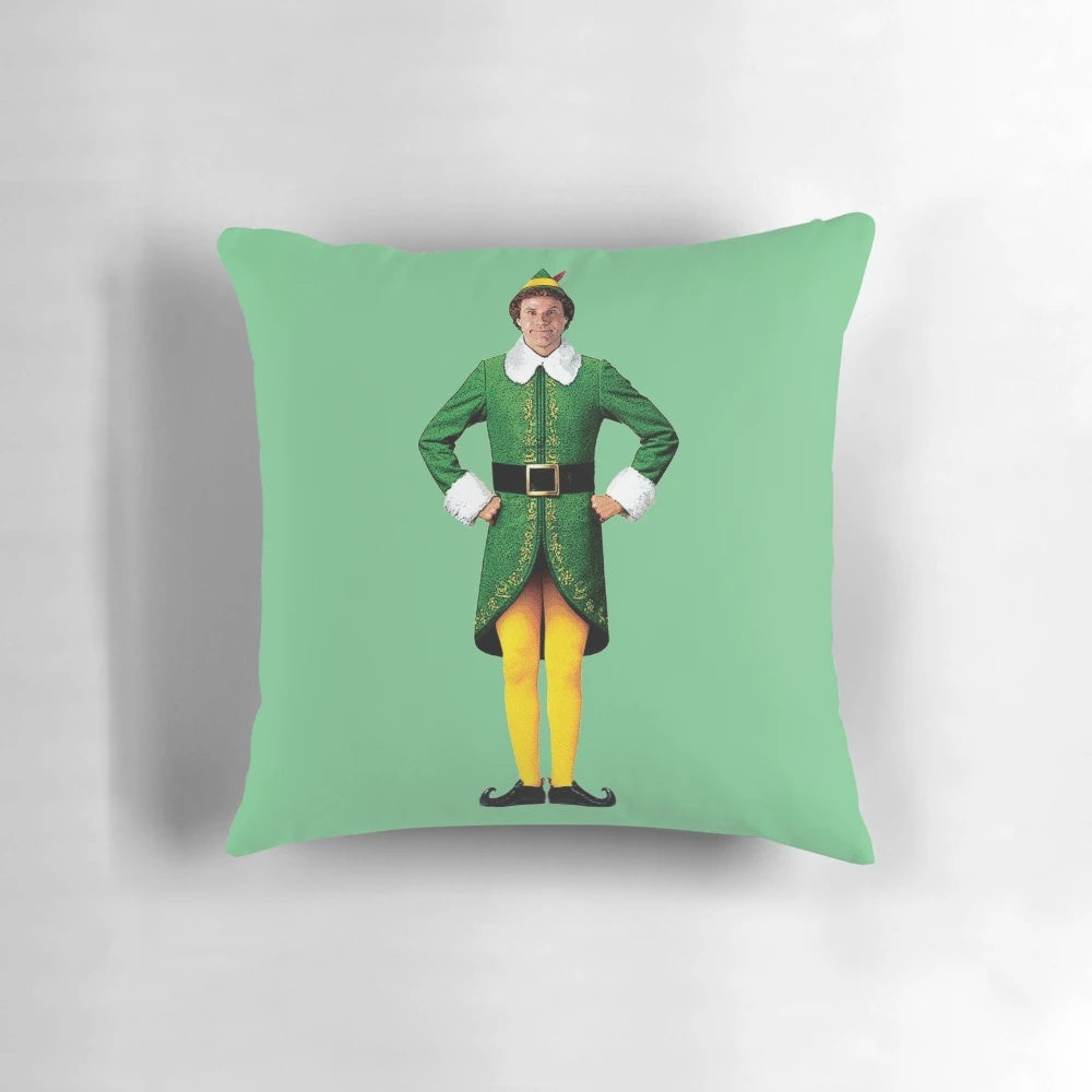 Elf-inspired Christmas pillow with Will Ferrell's character Buddy the Elf in an arms akimbo pose