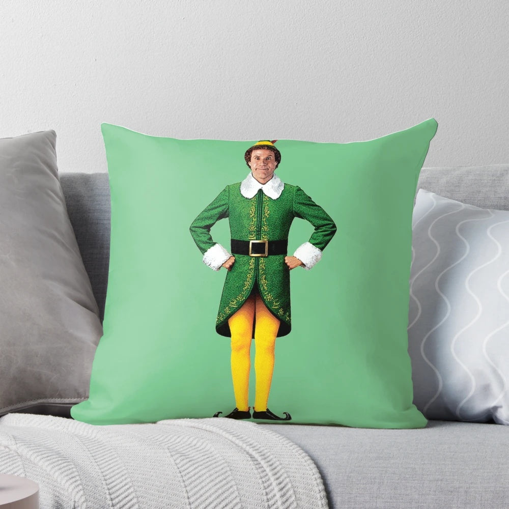 Elf-inspired Christmas pillow with Will Ferrell's character Buddy the Elf in an arms akimbo pose