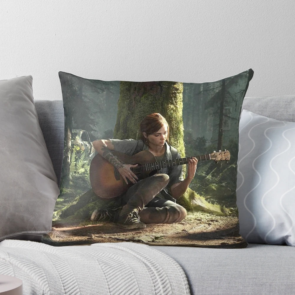 Decorative pillow featuring Ellie from the video game The Last of Us holding a guitar.