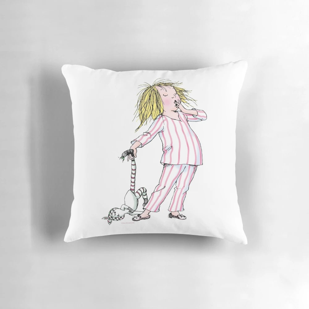 Decorative throw pillow featuring the beloved character Eloise in her pajamas