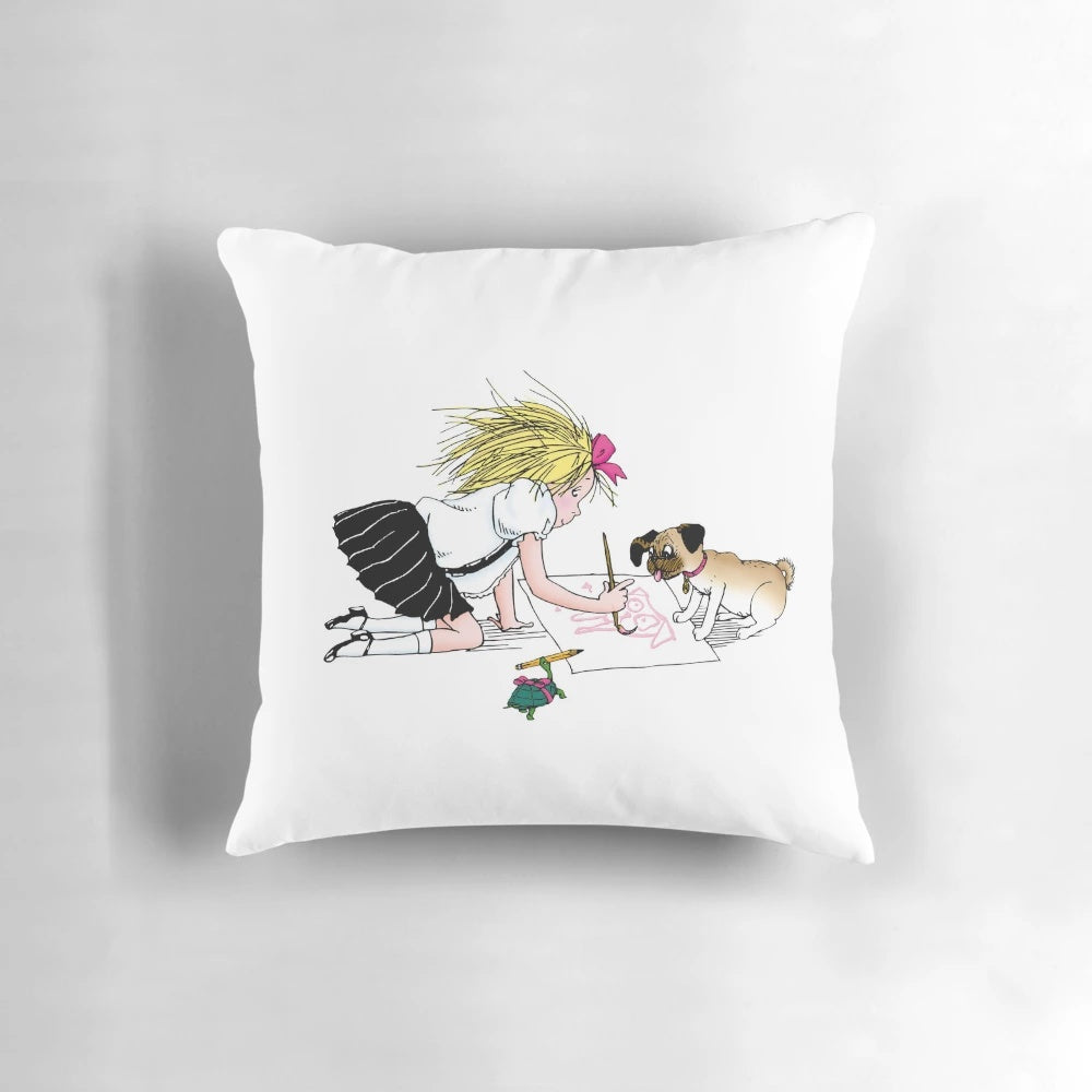 Colorful pillow featuring Eloise and her friends from the classic children's book series