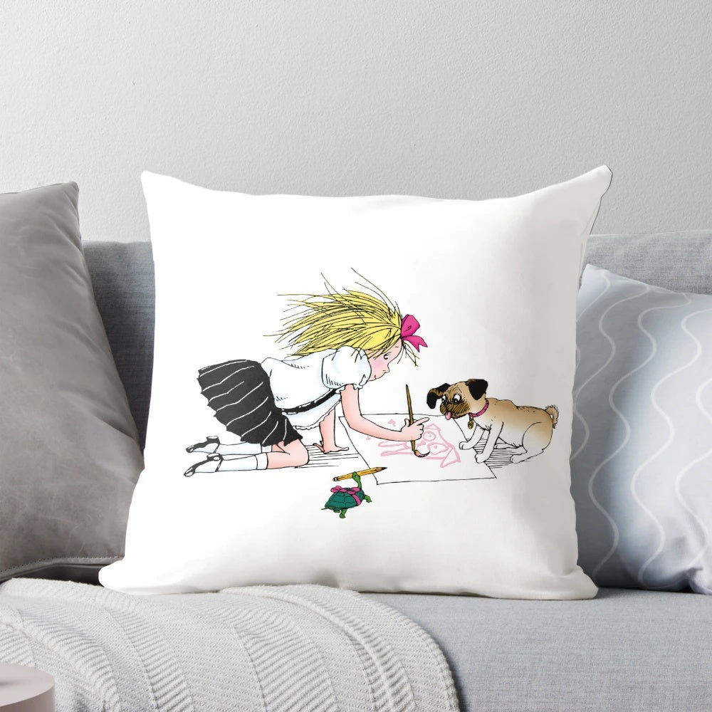 Colorful pillow featuring Eloise and her friends from the classic children's book series