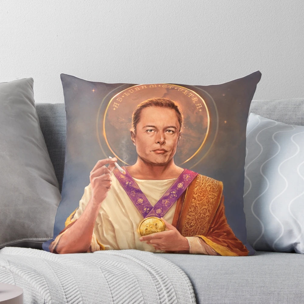 Elon Musk religious pop art icon pillow featuring a portrait of Elon Musk as a religious figure.