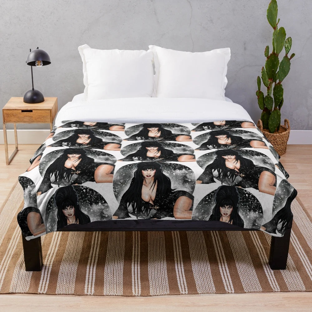 Elvira Mistress of the Dark inspired plush blanket with gothic and spooky design