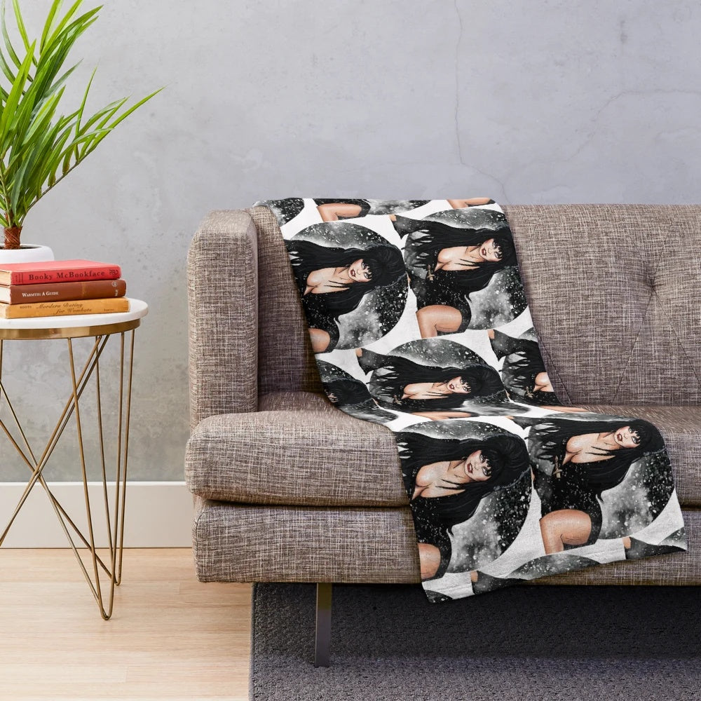 Elvira Mistress of the Dark inspired plush blanket with gothic and spooky design