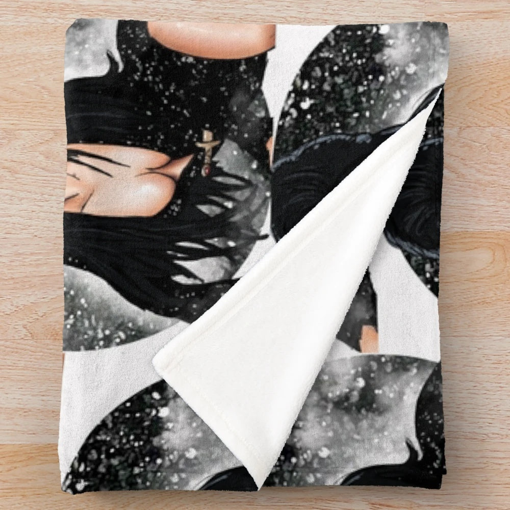 Elvira Mistress of the Dark inspired plush blanket with gothic and spooky design