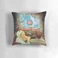 Colorful collage art pillow featuring a surreal space trip design with nebulas, stars, and the universe