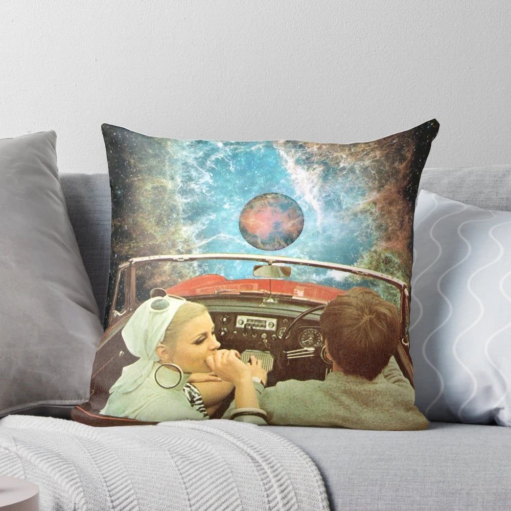 Colorful collage art pillow featuring a surreal space trip design with nebulas, stars, and the universe