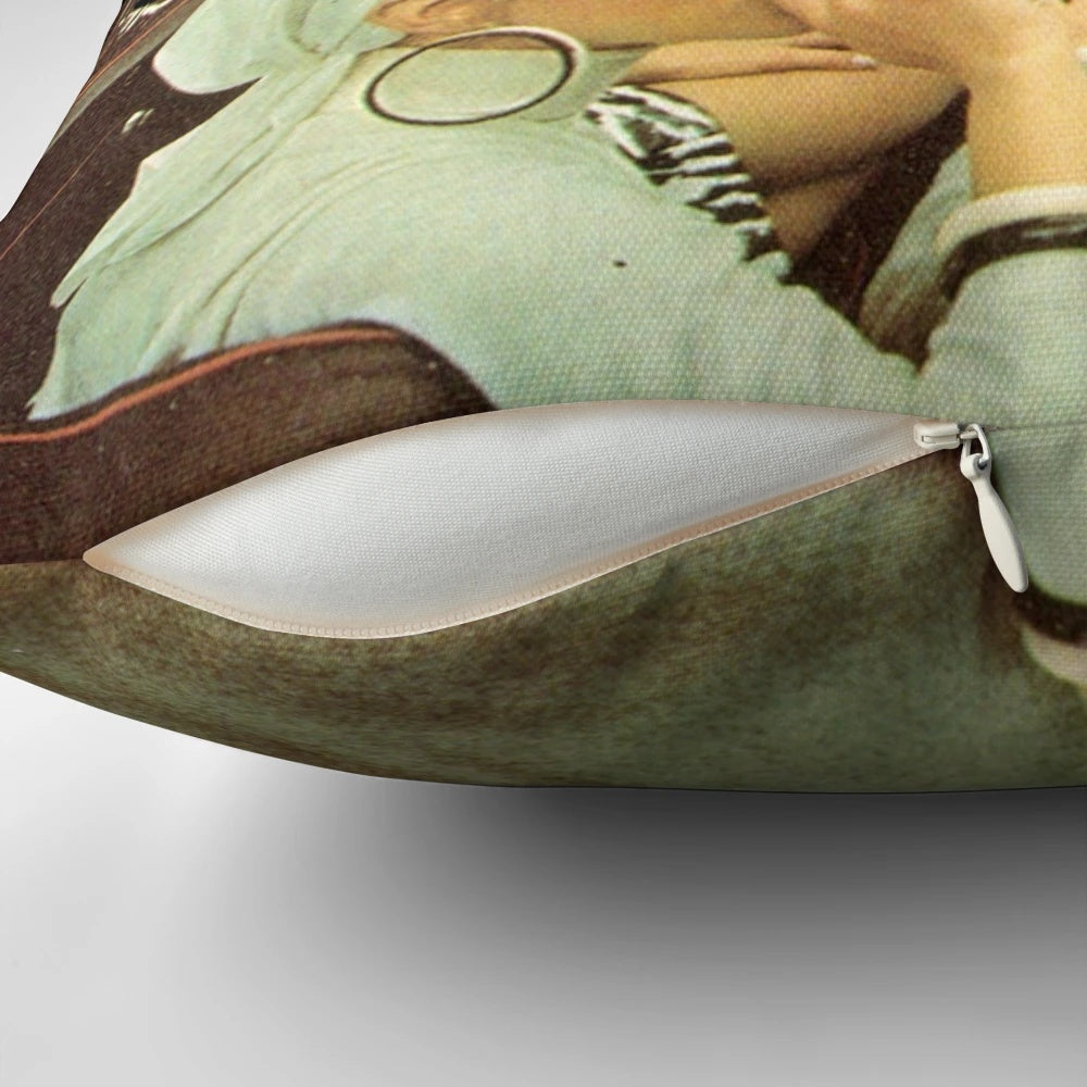 Colorful collage art pillow featuring a surreal space trip design with nebulas, stars, and the universe