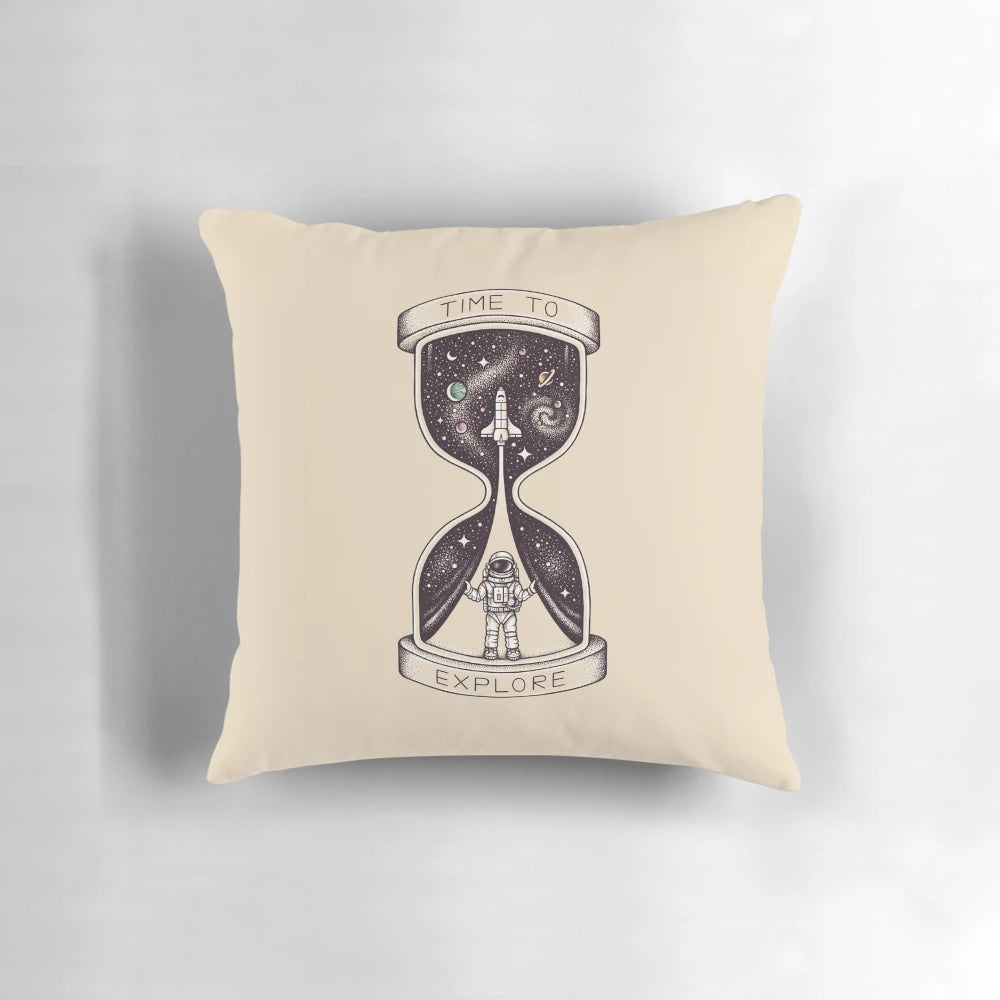Surreal pillow depicting an astronaut exploring a galaxy of stars and planets