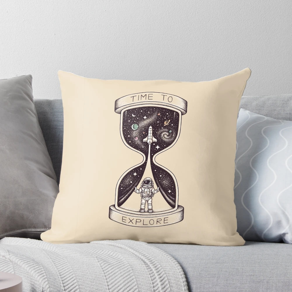 Surreal pillow depicting an astronaut exploring a galaxy of stars and planets