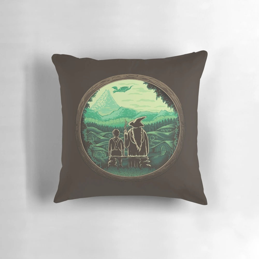 Cozy fantasy-themed adventure pillow with Tolkien-inspired design
