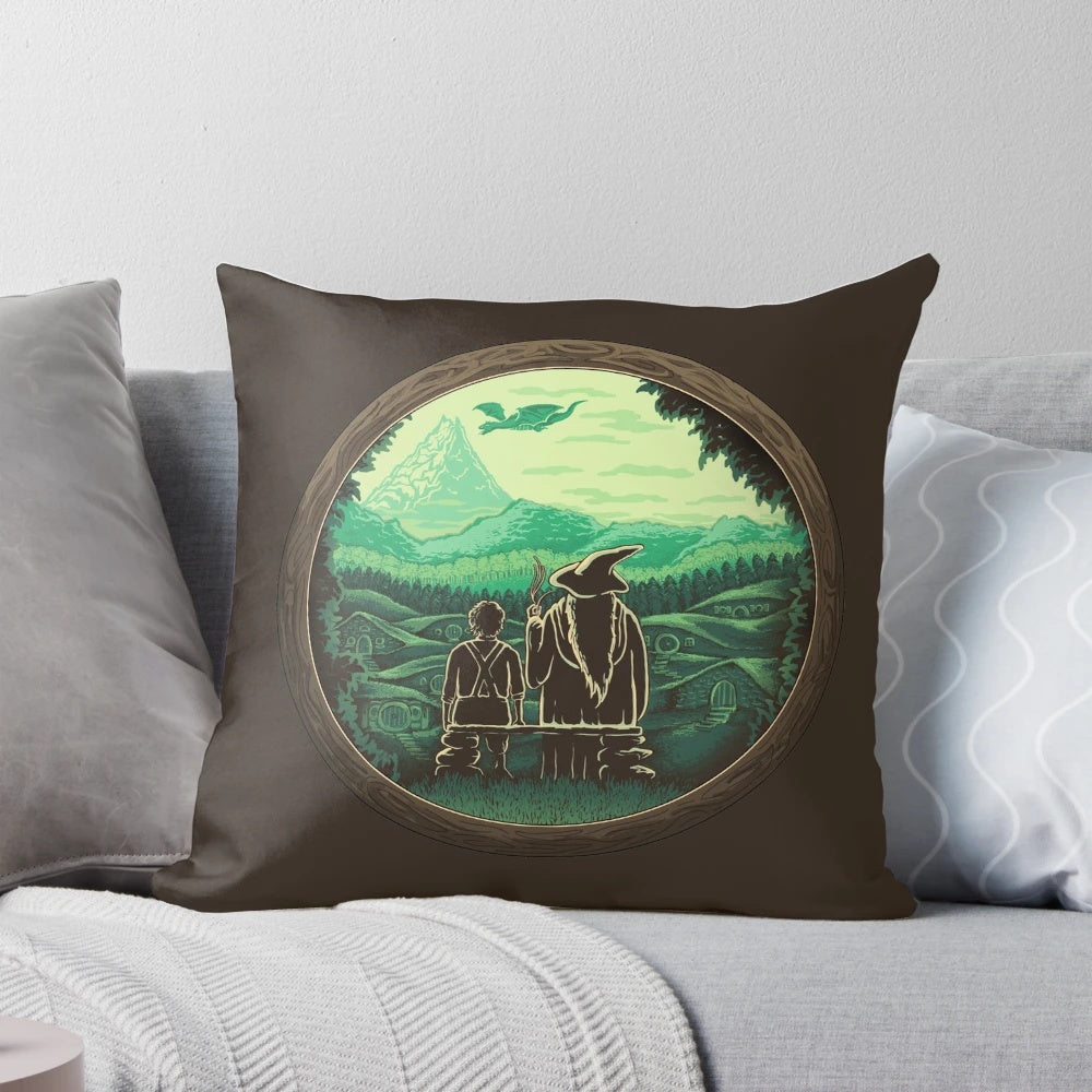 Cozy fantasy-themed adventure pillow with Tolkien-inspired design