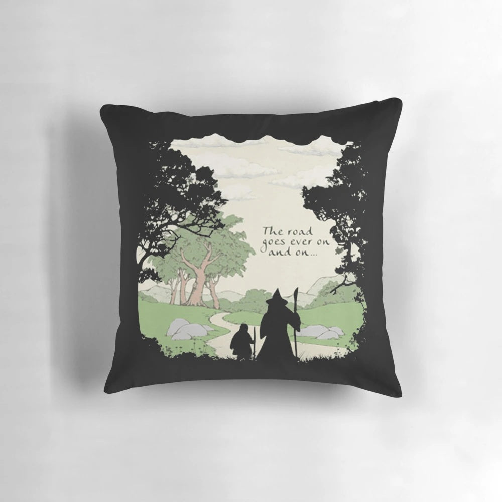A cozy pillow featuring the iconic "goes ever on and on" quote from The Lord of the Rings
