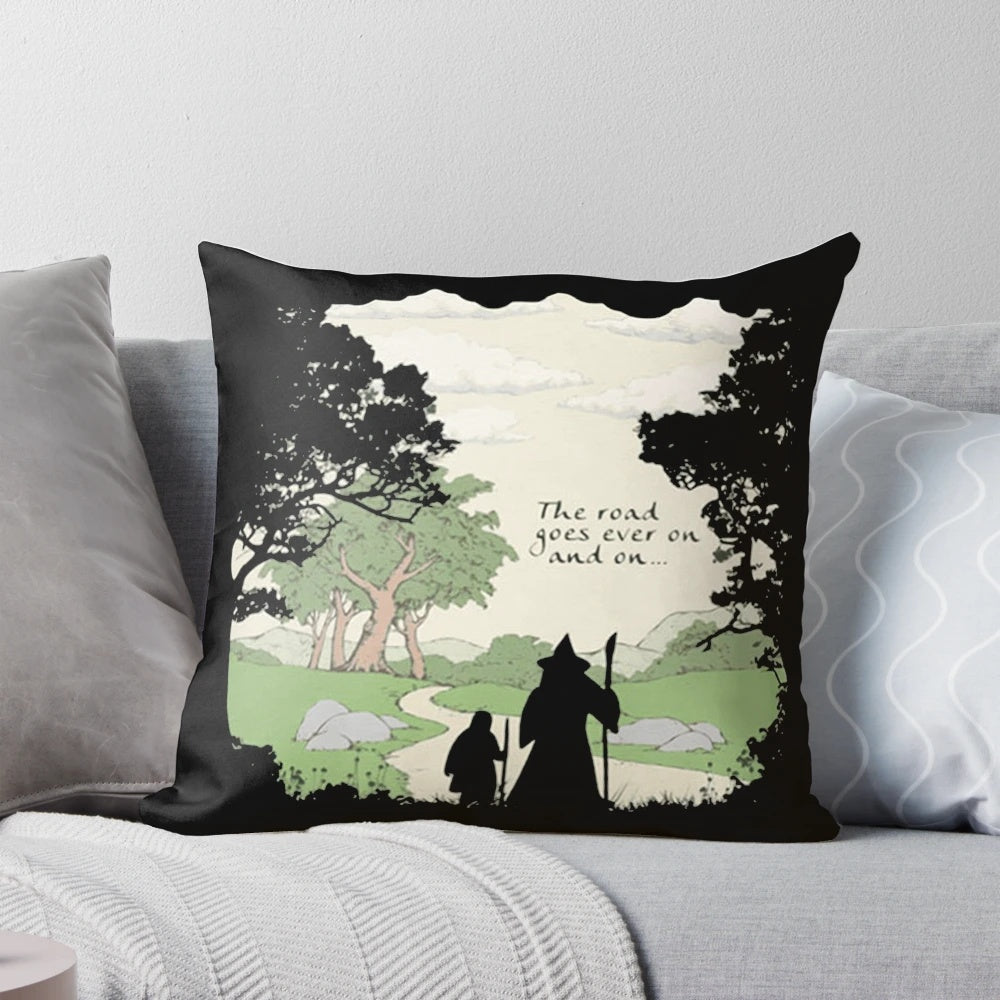 A cozy pillow featuring the iconic "goes ever on and on" quote from The Lord of the Rings