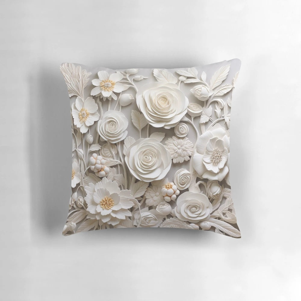 Decorative throw pillow with 3D carved white roses and ivory floral designs