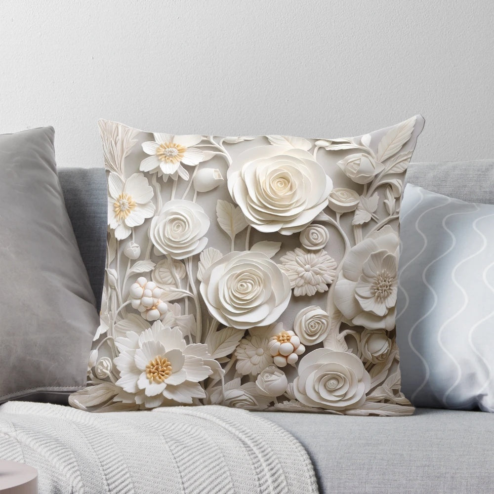 Decorative throw pillow with 3D carved white roses and ivory floral designs