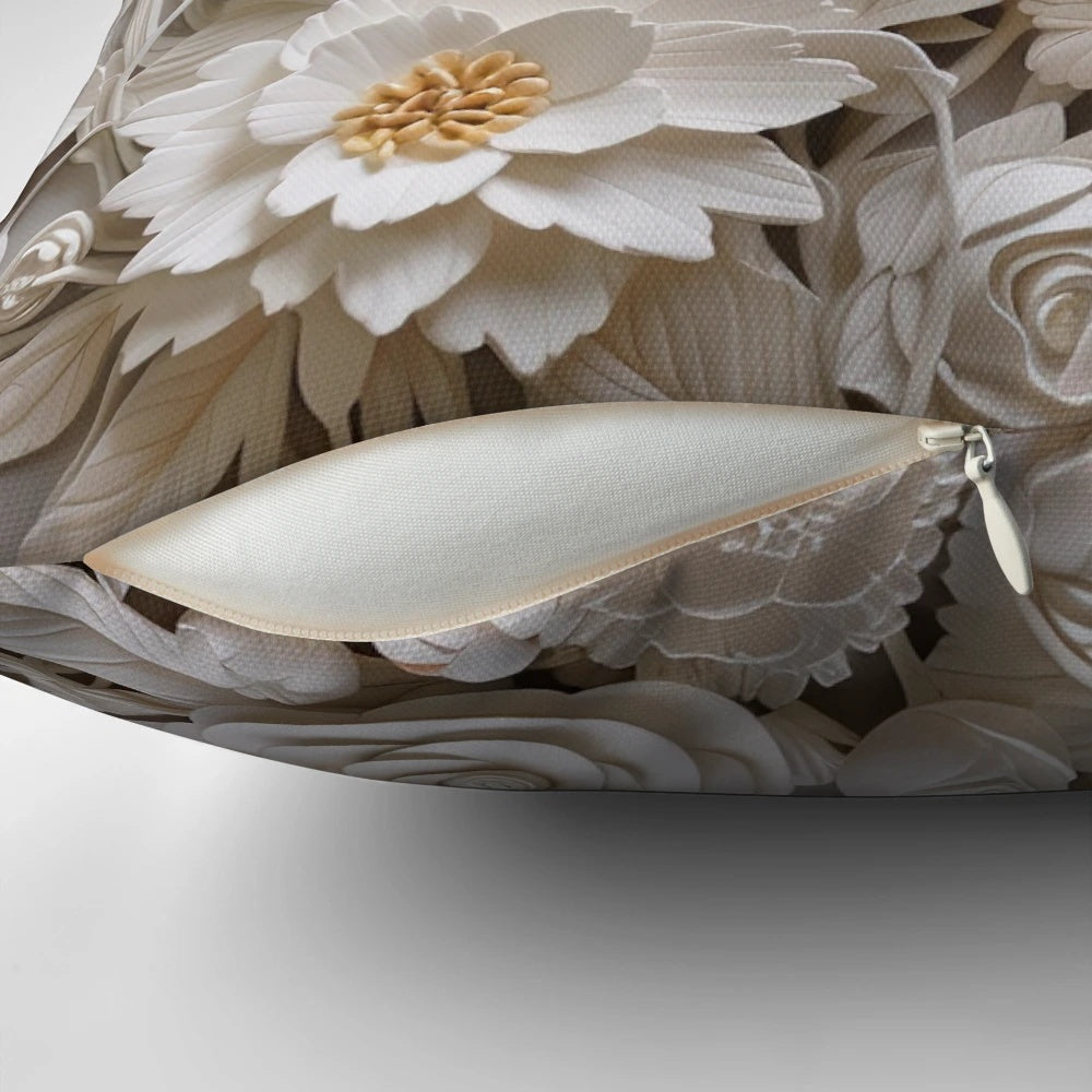 Decorative throw pillow with 3D carved white roses and ivory floral designs