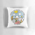 A stylish vegan pillow featuring a playful design of animals, promoting a message of compassion and veganism.