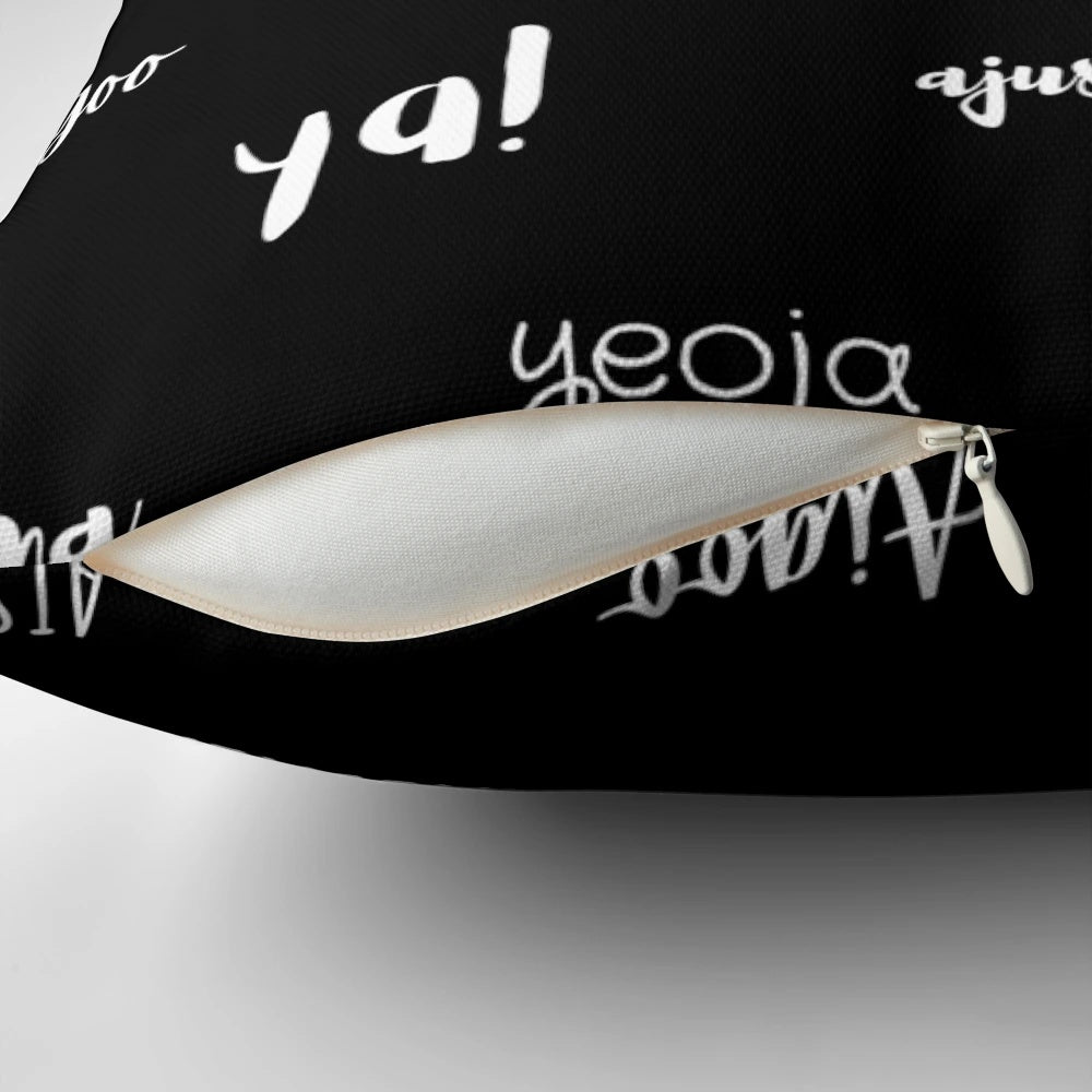 A black and white decorative pillow with handwritten Korean words and phrases, perfect for K-drama and K-pop fans.