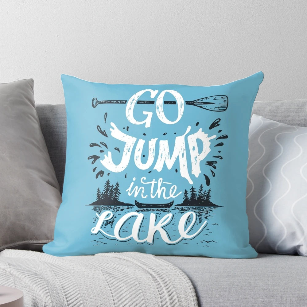 Go Jump in the Lake" decorative pillow showcasing a fun and relaxing lake scene